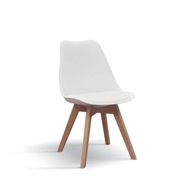 Set di 4 sedie WYNWOOD in polipropilene bianco, cuscino ecopelle, gambe in legno di faggio, 47x52x82 cm