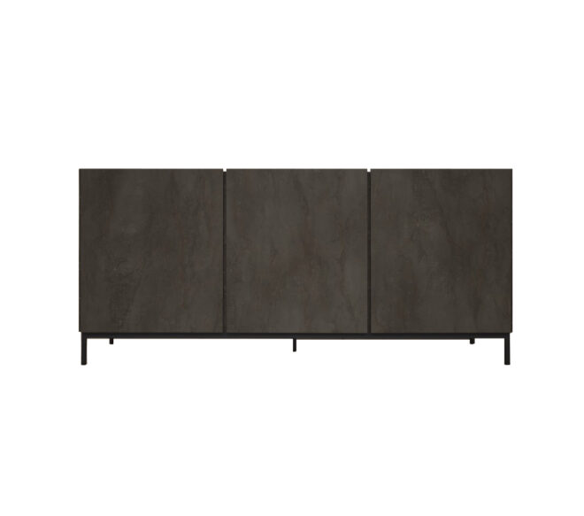 Credenza PIETRASANTA in legno, finitura in acciaio ossidato, piano effetto marmo statuario, 200x50 cm