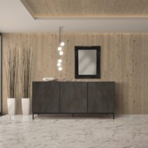 Credenza PIETRASANTA in legno, finitura in acciaio ossidato, piano effetto marmo statuario, 200x50 cm