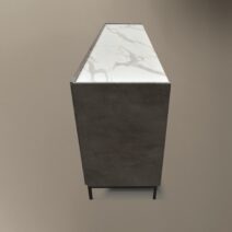 Credenza PIETRASANTA in legno, finitura in acciaio ossidato, piano effetto marmo statuario, 200x50 cm