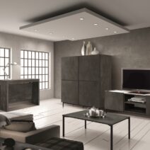 Credenza PIETRASANTA in legno, finitura in acciaio ossidato, piano effetto marmo statuario, 136x50 cm