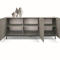 Credenza PIETRASANTA in legno, finitura in grigio cemento, piano effetto marmo statuario, 200x50 cm