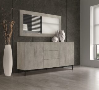 Credenza PIETRASANTA in legno, finitura in grigio cemento, piano effetto marmo statuario, 200x50 cm