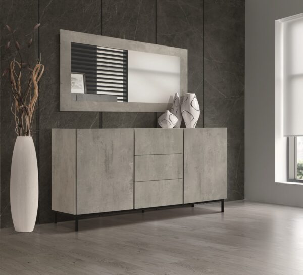 Credenza PIETRASANTA in legno, finitura in grigio cemento, piano effetto marmo statuario, 200x50 cm