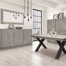 Credenza FAVIGNANA in legno, finitura in grigio cemento, piano effetto marmo statuario, 200x50 cm