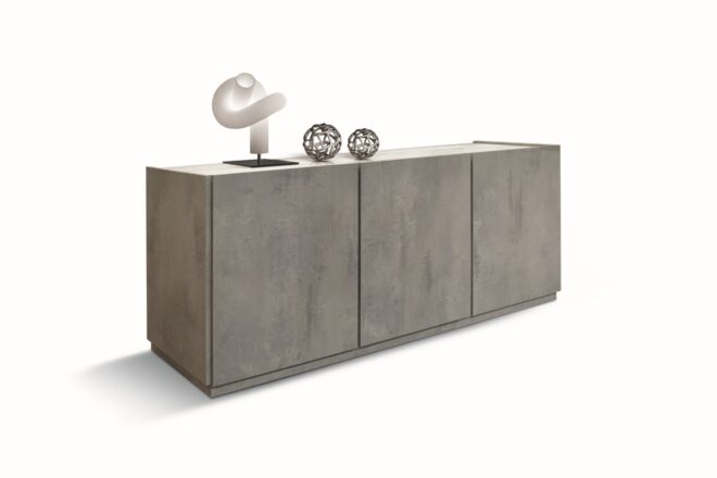 Credenza FAVIGNANA in legno, finitura in grigio cemento, piano effetto marmo statuario