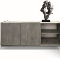 Credenza FAVIGNANA in legno, finitura in grigio cemento, piano effetto marmo statuario