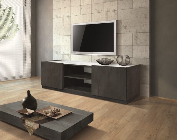 Porta Tv FAVIGNANA in legno, finitura in acciaio ossidato, piano effetto marmo statuario, 160x45 cm