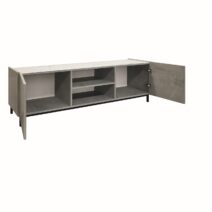 Porta Tv PIETRASANTA in legno, finitura in grigio cemento, piano effetto marmo statuario, 160x45 cm