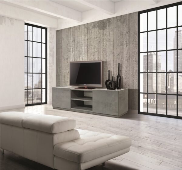 Porta Tv FAVIGNANA in legno, finitura in grigio cemento, piano effetto marmo statuario, 160x45 cm