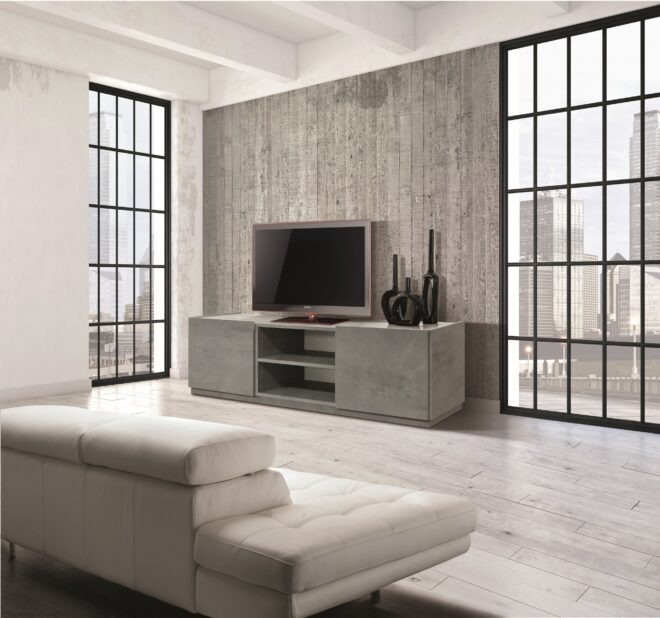 Porta Tv FAVIGNANA in legno, finitura in grigio cemento, piano effetto marmo statuario, 160x45 cm