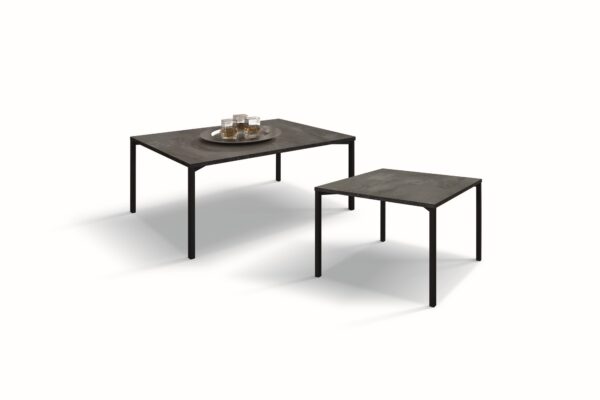 Tavolino CAMOGLI in legno, finitura acciaio ossidato e metallo verniciato nero, 55x90 cm