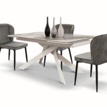 Tavolo BEVERLY HILLS in vetroceramica effetto marmo luxury pandora e metallo verniciato bianco, allungabile 160x90 cm - 240x90 cm