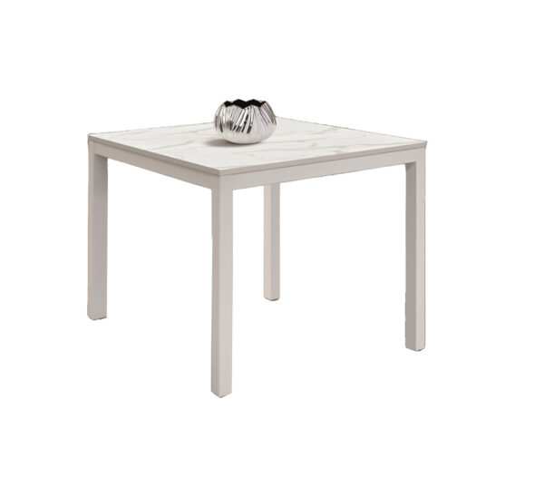 Tavolo TROPEA in legno, finitura marmo statuario e metallo verniciato bianco, allungabile 90x90 cm - 180x90 cm