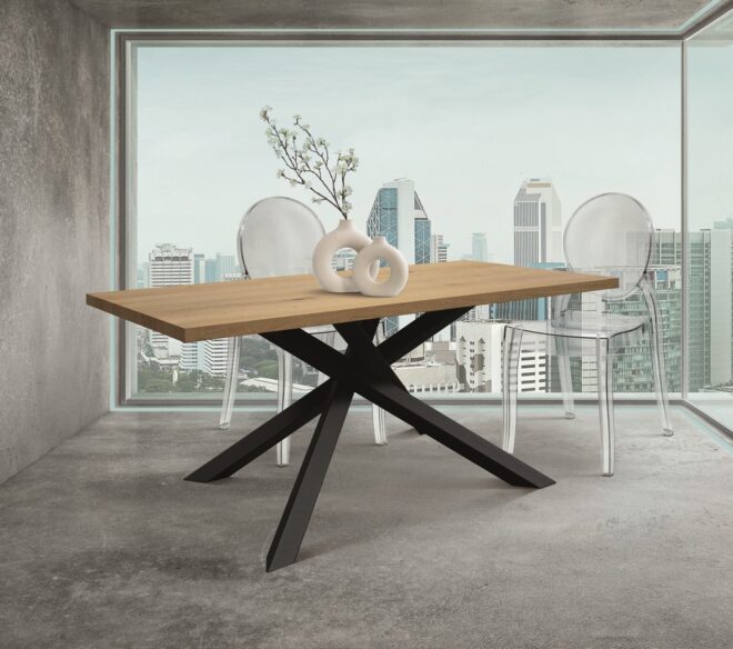 Tavolo fisso PIANOSA in legno, finitura rovere e metallo verniciato nero