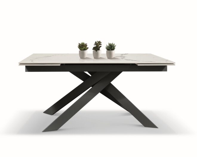 Tavolo BEVERLY HILLS in vetroceramica effetto marmo statuario e metallo verniciato antracite, allungabile 160x90 cm - 240x90 cm