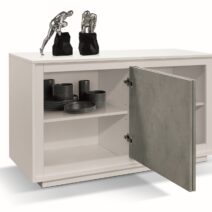 Credenza LAMPEDUSA in legno, finitura bianco frassinato, ante finitura grigio cemento