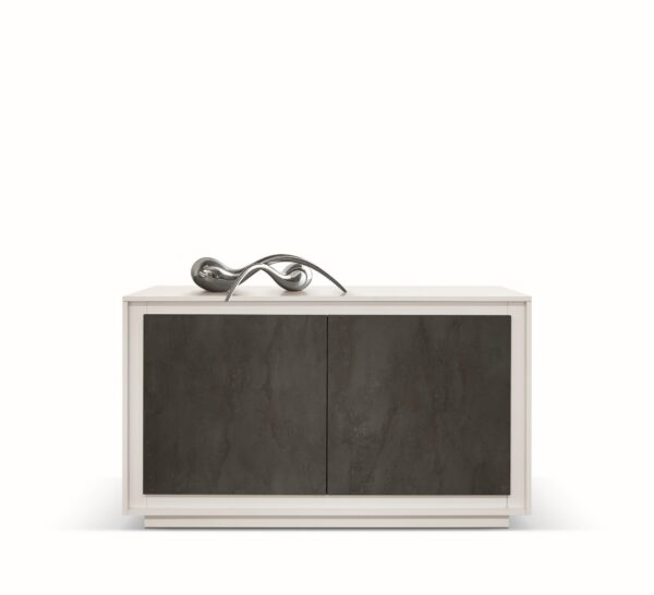 Credenza LAMPEDUSA in legno, finitura bianco frassinato, ante finitura acciaio ossidato