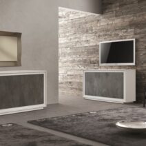 Credenza LAMPEDUSA in legno, finitura bianco frassinato, ante finitura acciaio ossidato