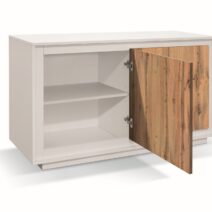 Credenza LAMPEDUSA in legno, finitura bianco frassinato, ante finitura rovere rustico, 140x50 cm