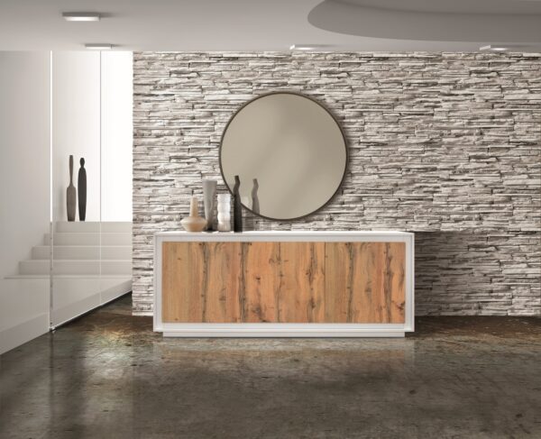 Credenza LAMPEDUSA in legno, finitura bianco frassinato, ante finitura rovere rustico, 180x50 cm