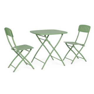 Set bistrot YVONNE con tavolo e 2 sedie in acciaio verde salvia