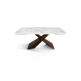 Tavolo FIGARI in vetroceramica bianco arabesco con gambe a X in metallo bronzo, allungabile 160x90 cm - 240x90 cm