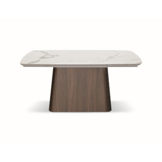 Tavolo MALTA in vetroceramica effetto marmo statuario, allungabile con base noce 160×90 cm – 240×90 cm