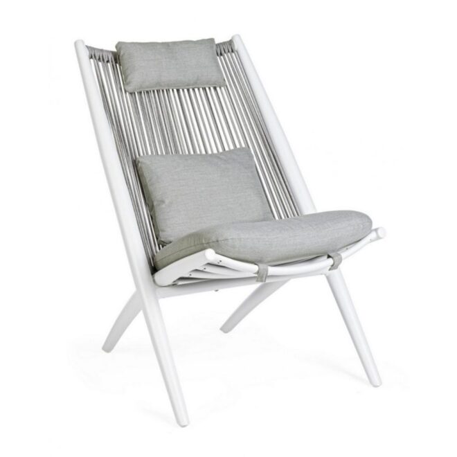 Set di poltrone ALOHA in alluminio bianco e intreccio di corda grigio, con cuscini