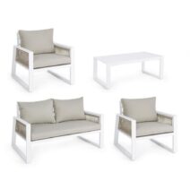Set salotto CAPTIVA con 1 divano, 2 poltrone e 1 tavolino in alluminio bianco textilene tortora
