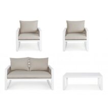 Set salotto CAPTIVA con 1 divano, 2 poltrone e 1 tavolino in alluminio bianco textilene tortora