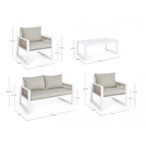Set salotto CAPTIVA con 1 divano, 2 poltrone e 1 tavolino in alluminio bianco textilene tortora