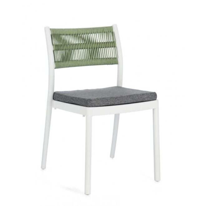 Set di 4 sedie ALVIN in polipropilene bianco e corda intrecciata verde, impilabili