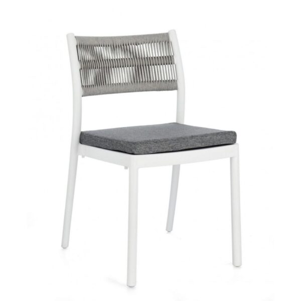 Set di 4 sedie ALVIN in polipropilene bianco e corda intrecciata grigio chiaro, impilabili
