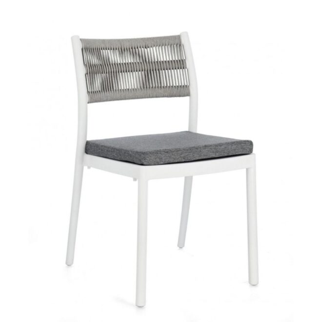 Set di 4 sedie ALVIN in polipropilene bianco e corda intrecciata grigio chiaro, impilabili