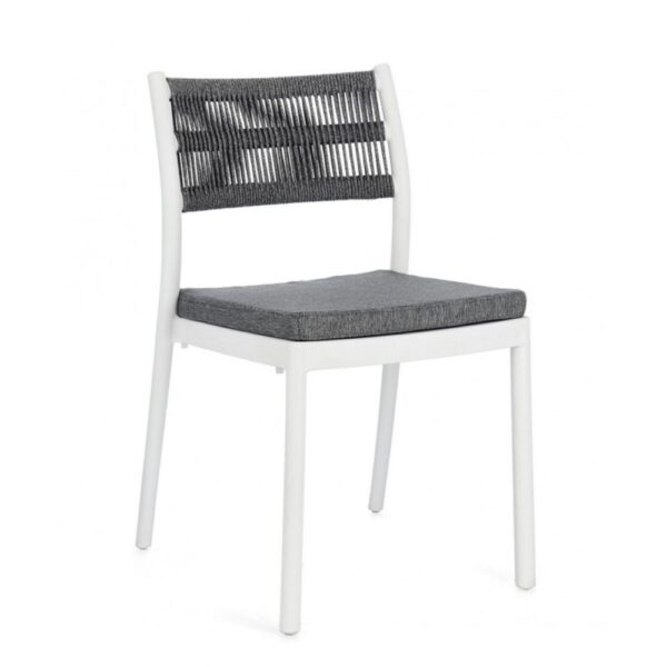 Set di 4 sedie ALVIN in polipropilene bianco e corda intrecciata grigio scuro, impilabili
