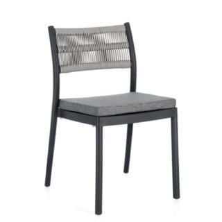 Set di 4 sedie ALVIN in polipropilene antracite e corda intrecciata grigio chiaro, impilabili