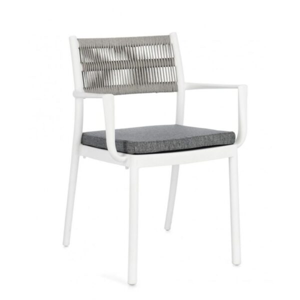 Set di 4 sedie ALVIN in polipropilene bianco e corda intrecciata grigio chiaro, con braccioli