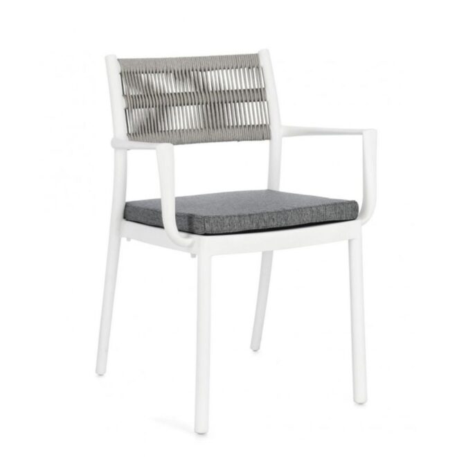 Set di 4 sedie ALVIN in polipropilene bianco e corda intrecciata grigio chiaro, con braccioli