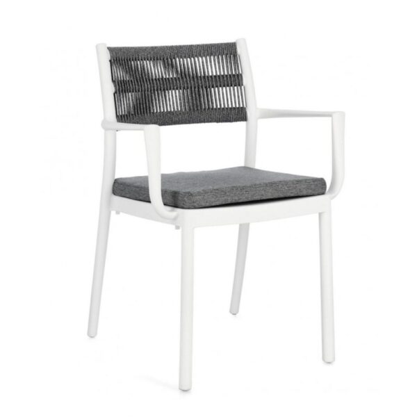 Set di 4 sedie ALVIN in polipropilene bianco e corda intrecciata grigio scuro, con braccioli
