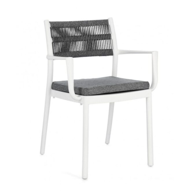 Set di 4 sedie ALVIN in polipropilene bianco e corda intrecciata grigio scuro, con braccioli