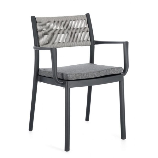 Set di 4 sedie ALVIN in polipropilene antracite e corda intrecciata grigio chiaro, con braccioli