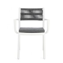 Set di 4 sedie ALVIN in polipropilene bianco e corda intrecciata grigio scuro, con braccioli