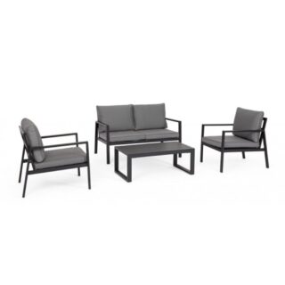 Set salotto HILDE con 1 divano, 2 poltroncine e 1 tavolino in alluminio antracite, con cuscini
