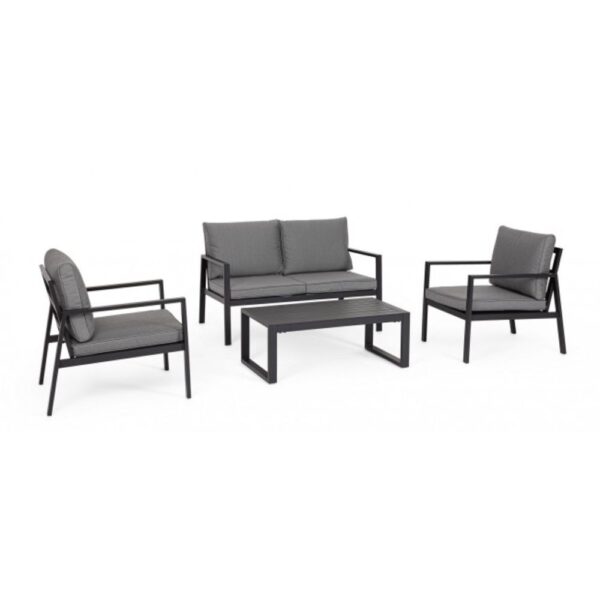 Set salotto HILDE con 1 divano, 2 poltroncine e 1 tavolino in alluminio antracite, con cuscini