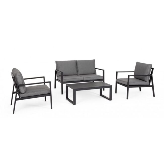 Set salotto HILDE con 1 divano, 2 poltroncine e 1 tavolino in alluminio antracite, con cuscini