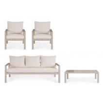 Set salotto ELNA con 1 divano, 2 poltrone e 1 tavolino in alluminio tortora con inserti in polywood