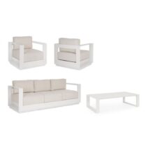 Set salotto MOSES con 1 divano, 2 poltrone e 1 tavolino in alluminio bianco panna