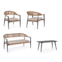 Set salotto JANDIA con 1 divano, 2 poltrone e 1 tavolino in alluminio antracite e fibra intrecciata naturale