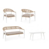 Set salotto JANDIA con 1 divano, 2 poltrone e 1 tavolino in alluminio bianco e fibra intrecciata naturale